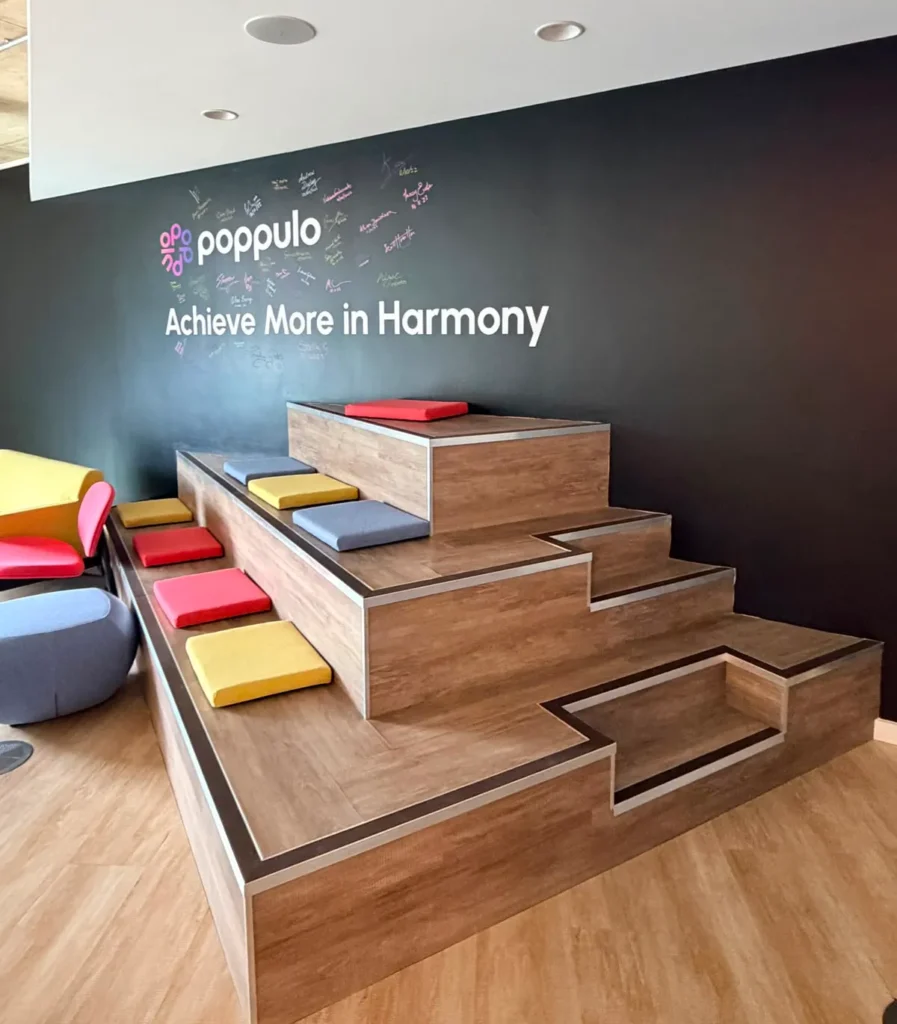 Training Center shoeing wooden steps and colored cushions